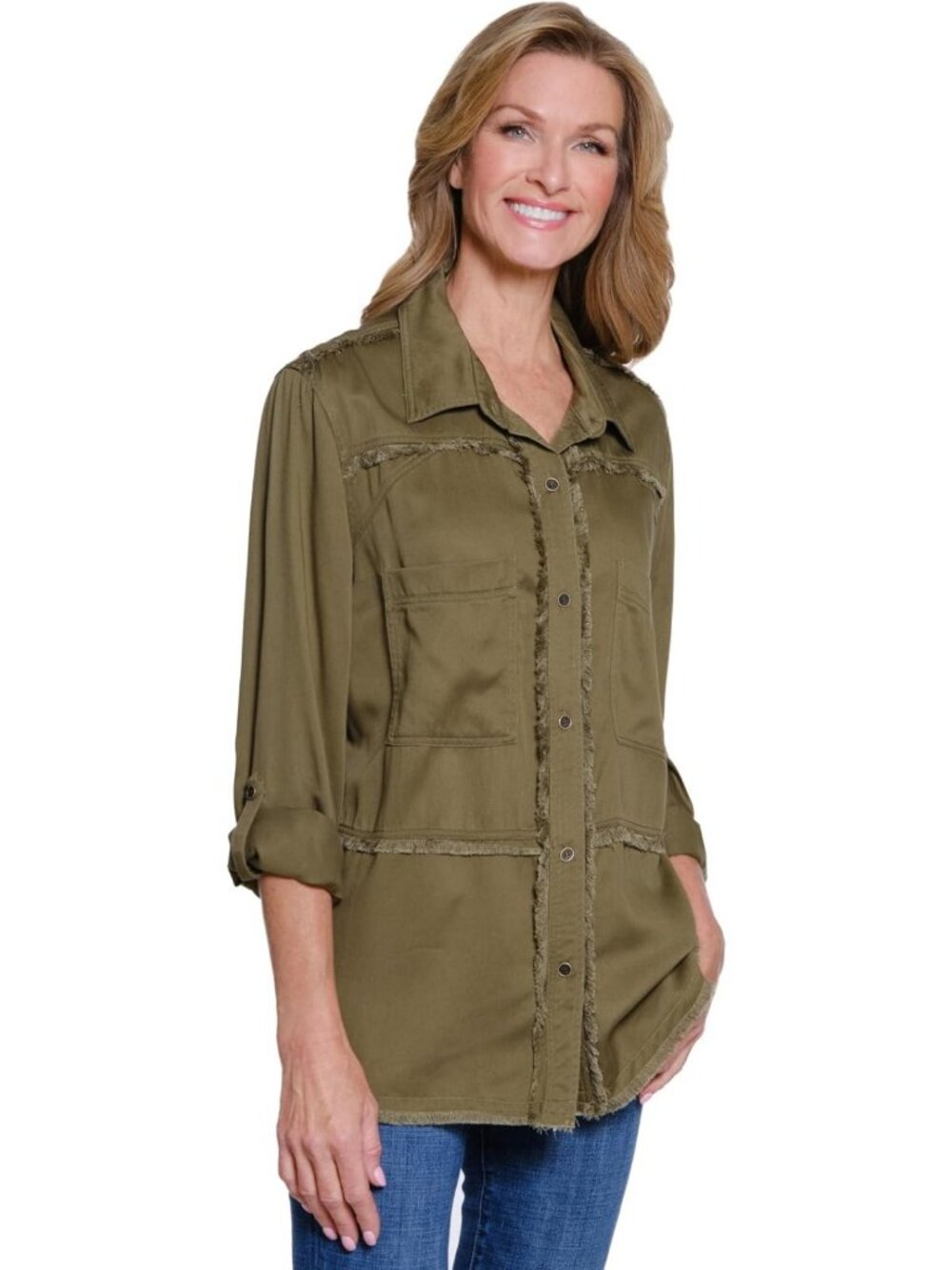 Chic Women's Roll Tab Long Sleeve Fringed Shirt | 2-Pocket Button-Up Top